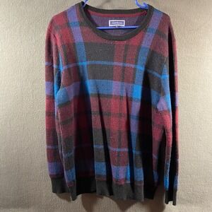 vintage men merino wool sweater xl plaid Crewneck Burgundy Blue‎ grandpa